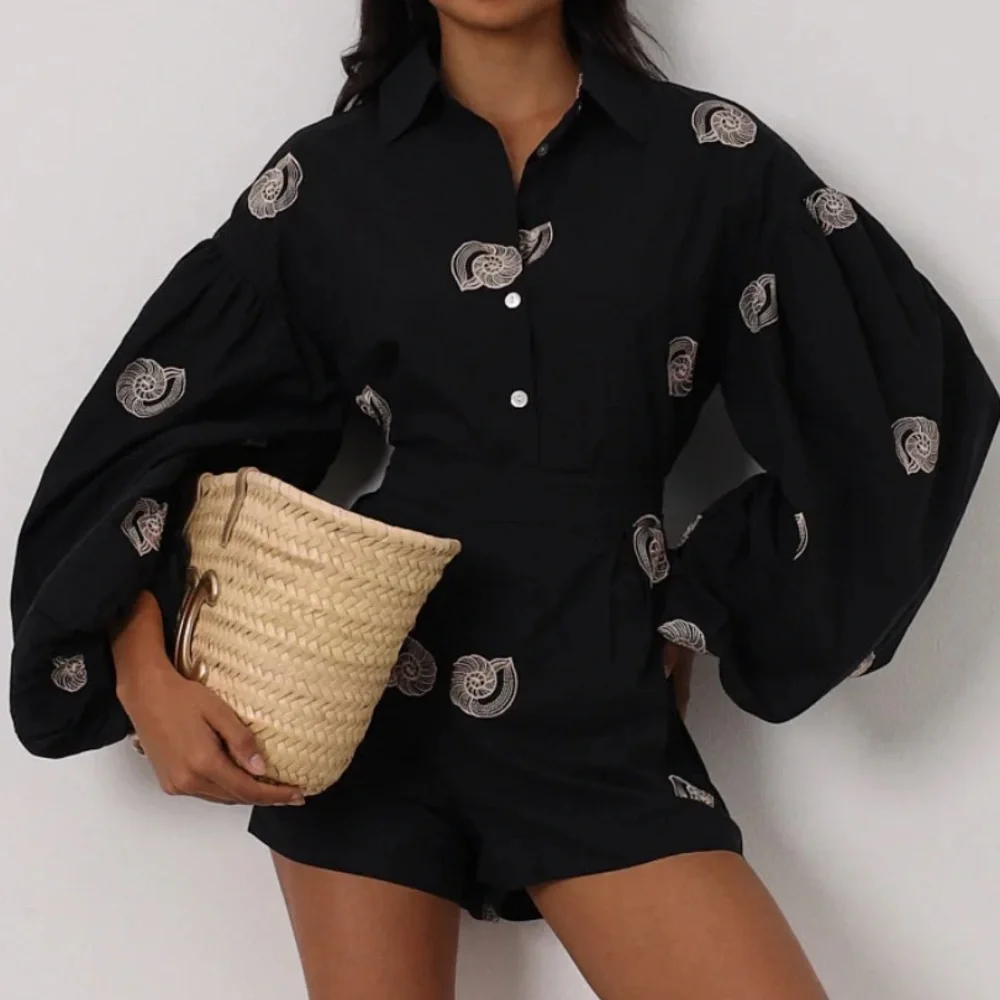 Vita Grace “Avia” Cotton Embroidered Shirt in Black - Picture 6 of 14